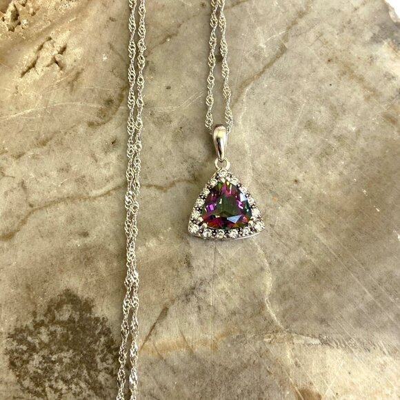 Sterling Silver 925 Trillion Cut Mystic Quartz Pendant Necklace 18" Rope Chain - Picture 5 of 16